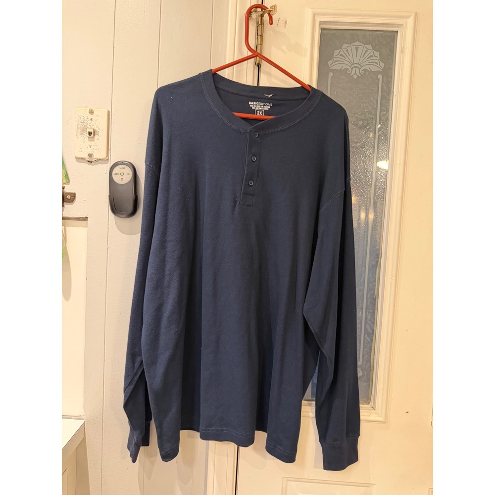 Basic Editions Mens Navy Blue Long Sleeve Henley Shirt 100% Cotton 2X